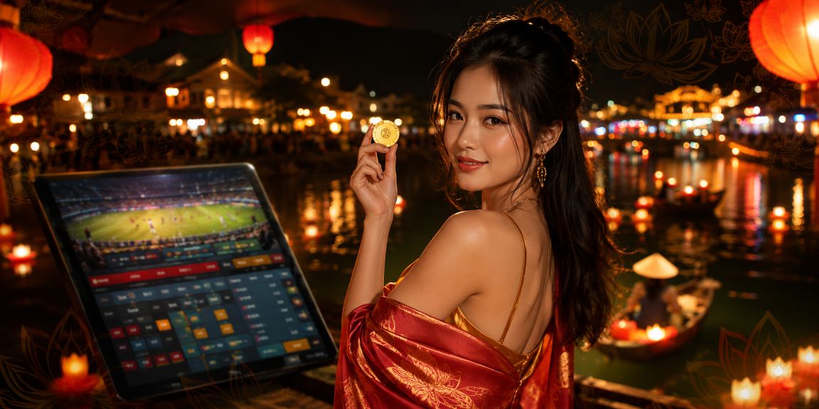Người dùng đặt cược qua điện thoại tại chợ đêm Hội An dưới ánh đèn lồng